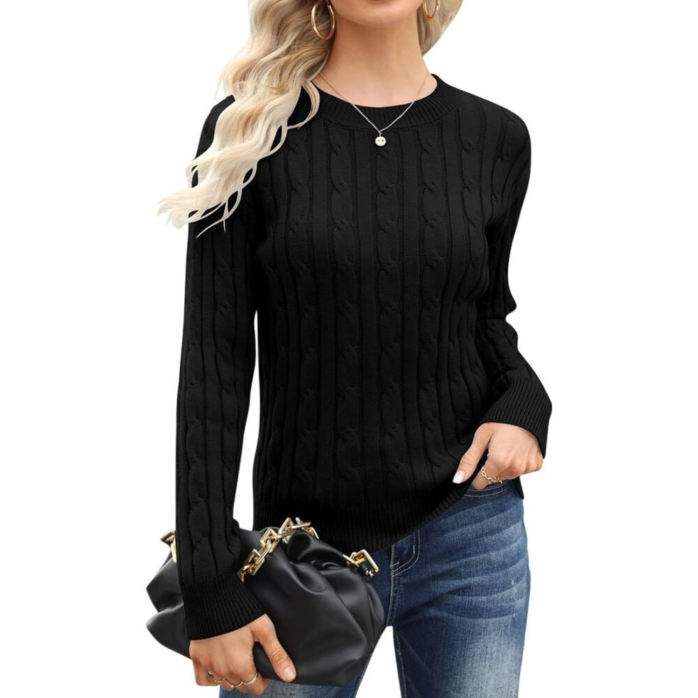 Women Classic Fit Lightweight Cable Long Sleeve Mockneck 01 black Casual Sweater